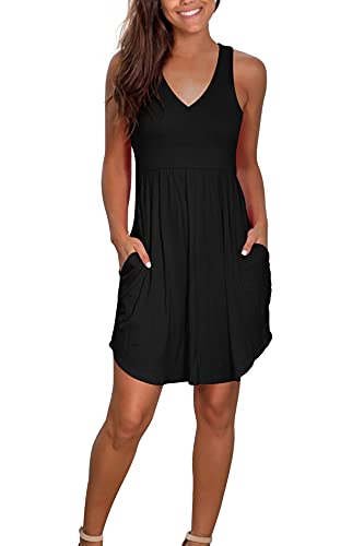 Atizon Casual Summer T Shirt Dress For Women V Neck Swing Elastic Tunic Short Sundress With Pockets #TOP2