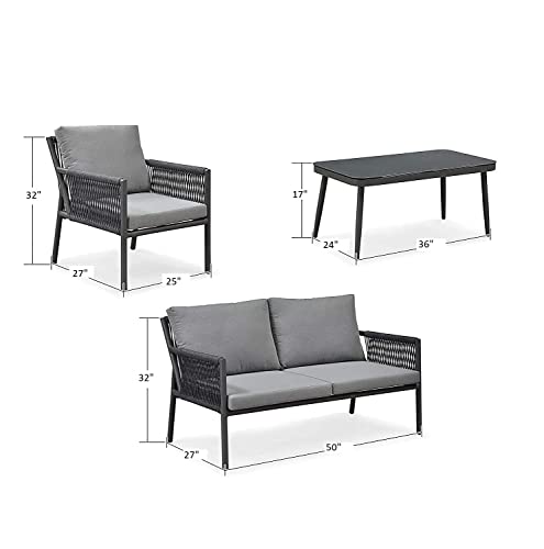 Image of DEVOKO Outdoor Living Space 4 Seater Conversation Sofa Set Ideal for Patio, Garden and Indoor Use Stylish Rope Furniture with Comfortable Cushions and Center Table (Black & Grey)