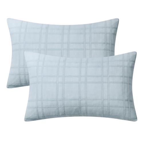 Image of MIULEE Decorative Linen Check Lumar Throw Pillow Covers Neutral Farmhouse Vintage Pillow Covers 12x20 Set of 2 Boho Modern Home Decor for Sofa Couch Bedroom Cushion Coastal Blue
