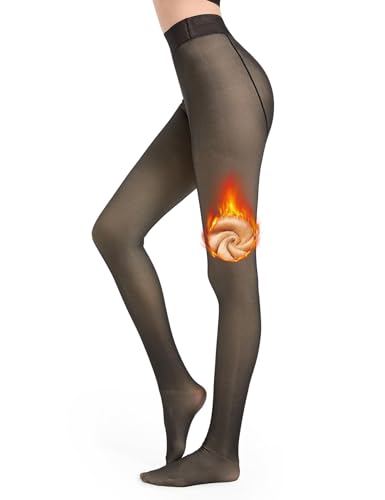 SAFSOU Fleece Lined Tights For Women Sheer Fake Translucent Winter Thermal Pantyhose Opaque Warm Thick High Waist Leggings-Medium