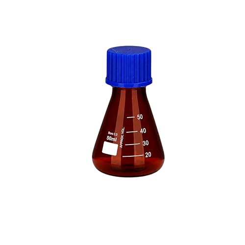 VIDOO Bursztynowa Kolba Erlenmeyera z Zakrętką GL, ze Szkła Borokrzemowego z Podziałką Laboratoryjna Kolba Stożkowa, GL25 50ml