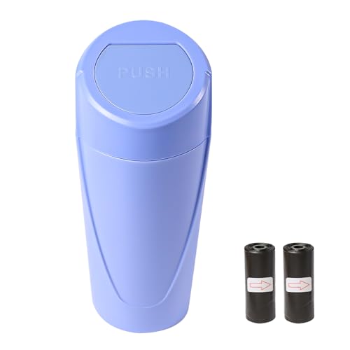 Image of Hovom Mini Car Trash Can with Lid, Portable Garbage Can for Car, Leakproof Cup Holder Automotive Garbage Bin with 2 Rolls of Trash Bags, Small Trash Storage Can for Car Home Office(Dark Blue)