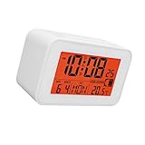 PANGBOER Reloj despertador LCD con retroiluminación brillante, múltiples alarmas, calendario y visualización de temperatura para mesita de noche, reloj cercano iluminado