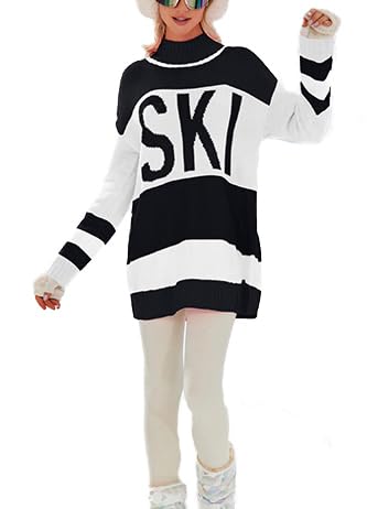 Image of Women Soft Sweaters Winter Mockneck Tops 2024 Oversized Color Block Ski Sweater Shirt Ski Outfits(Lightweigt One Size)