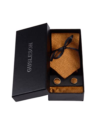 GUSLESON Mens Gold Solid Tie with Pocket Square Cufflinks set Woven Silk Necktie (0756-11)