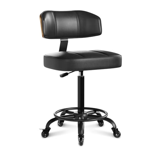 Image of Drafting Chair with Lockable Wheels, Tall Chair Adjustable Stool with Curved Walnut Backrest and Footrest Ring, PU Leather Ergonomic Rolling Chair 300LBS Capacity for Office Workstation(Black)