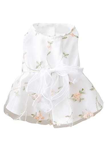 Qwinee Floral Embroidered Dog Dress Cute Bow Decor Princess Dresses Puppy Cat Summer Dress Wedding Holiday Birthday Dog Dress Pet Clothes For Small Medium Cats Dogs Kitten White M #TOP16