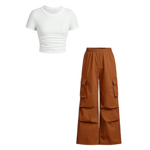 Image of Azmxynol Tween Girls Clothes 2 Piece Outfit T-Shirt Top + Cargo Pants, Teen Girl Trendy Clothing Set, Sizes 7-15 Years