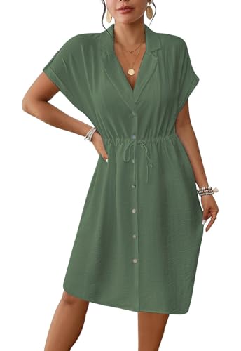 Genfien Sommerkleid Damen Knielang Kurzarm Blusenkleid Elegant V-Ausschnitt Midikleid Casual Strandkleid mit Taschen