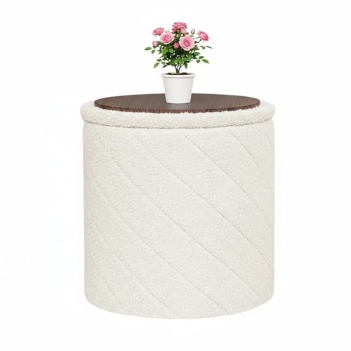 Bonlife Round Ottoman with Storage, Folding Footstool with Lid, Boucle Vanity Stool for Living Room, Bedroom, Entryway, White, 43x43x45cm