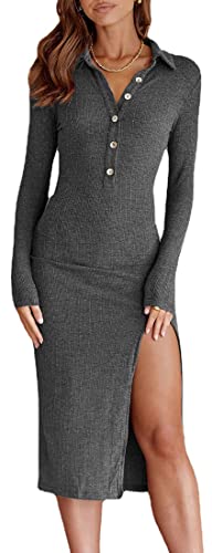 PADOLA Mujer Vestidos Fiesta Vestidos Ajustados de Punto De Hendidura Elegante Midi Vestidos Largos Vestido Jersey de Punto (Gris Oscuro, S) Cover