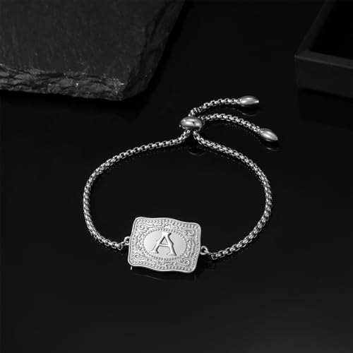 Belt Buckle Initial Bracelet for Women, 18K Gold/Silver Plated Belt Buckle Initial A-Z Bracelet, Unique Western Style Jewelry Gifts for Women Men4