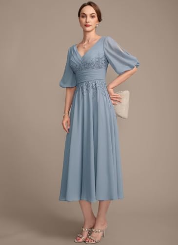 Tea Length Mother of The Bride Dresses for Wedding Chiffon V Neck Formal Evening Party Dress AU1323