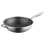 LALADEFIEE Wok de Acero Inoxidable 32 CM Fondo Plano y Estructura Honeycomb Sartén Antiadherente para Cocina de Inducción Gas y Eléctrica Asas Dobles Ergonómicas Accesorio Multifuncional