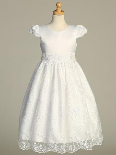 Made in USA - First Communion Dress for Girls w/Satin Bodice & Embroidered Tulle w/Cap Sleeve - White 1st Communion Dress3