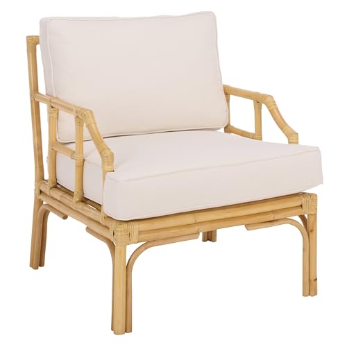 SAFAVIEH Furniture - Kazumi Accent Chair - Coastal Design White Cushion & Natural Rattan - Fully Assembled - Ideal for Living Room, Bedroom, Dining Space, 19.7" Seat Height (ACH6508B)
