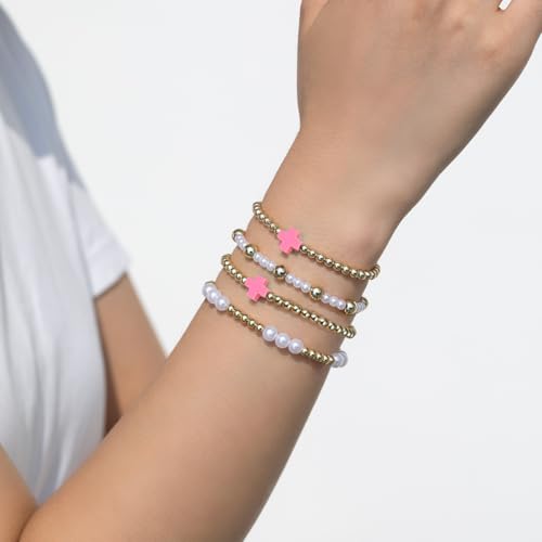 Pingyongchang Gold Beads Stackable Cross Bracelets for Women Boho Handmade Imitation Pearl Cross Beaded Elastic Stretch Bracelet Friendship Jewelry Gift3