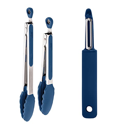Gorilla Grip Silicone Tongs Set Of 2 And Swivel Vegetable Peeler, Silicone Tongs Are 7 And 9 Inch, Peeler Is Dishwasher Safe, Both In Blue Color, 2 Item Bundle #TOP10