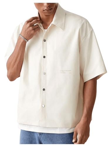 Men's Letter Embroidered Oversized Tshirts Half Sleeve Button Down Baggy Tee Shirts Streetwear