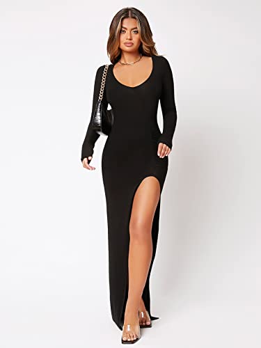 Verdusa Women's Long Sleeve Square Neck High Slit Bodycon Long Maxi Dress Black S #TOP4