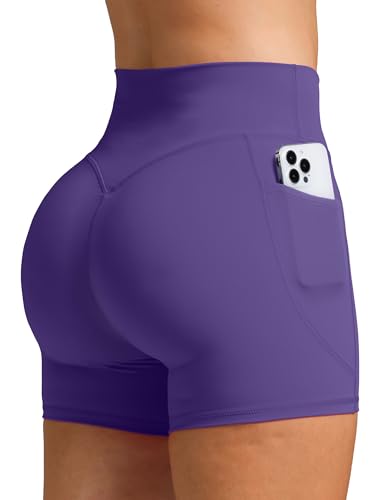 Olmlmt Biker Shorts Women with Pockets High Waisted Spandex Workout Shorts for Yoga Gym Running Dark Purple