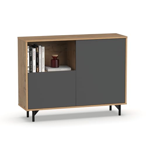 MUEBLES PITARCH | Aparador Salón Comedor, Buffet, Mueble Auxiliar, 2 Puertas y 1 Hueco, con Patas, Gris y Roble Gold, 82,5x112x33cm, Patas Negras, Recibidor Industrial Moderno, Modelo Anori