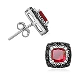 Sterling Silver Created Ruby Cushion with Black and White Diamond Accent Stud Earrings