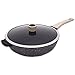 Wok do smażenia mieszanego, nieprzywierający wok ze szklaną pokrywką, głęboki wok z podstawą indukcyjną, drewniany uchwyt, nadaje się do stosowania na kuchenkach gazowych indukcyjnych elektrycznych i ceramicznych