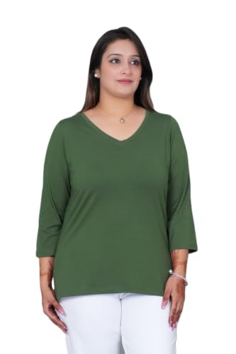Image of Mlada V-Neck Cotton 3 /4th Sleeves Tshirt for Women | Stretchable Regualr Fit Solid Cotton Tshirts | Casual 3 /4th Sleeves Tshirts for Women Office Wear | Solid Round Neck Tshirt
