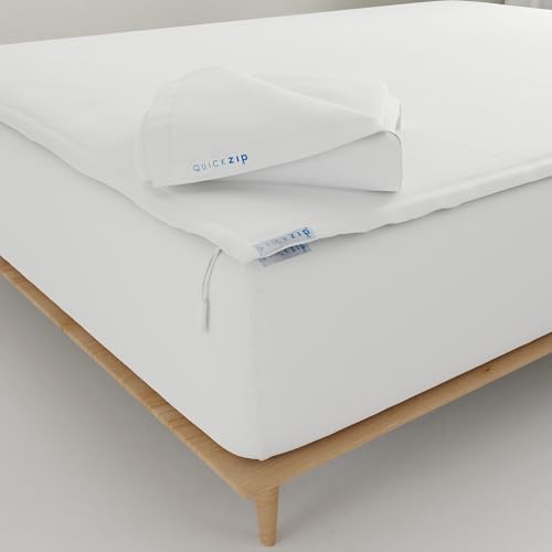 Image of QuickZip Fitted Plus Spare Bundle: 1 Fitted Sheet (Base + Zip Sheet) & 1 Zip Sheet - Easy to Change, Won't Pop Off - Soft Sateen 400 TC 100% Cotton - 17.5 inch Deep Pockets King Size Sheets - White