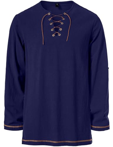 Image of JEMITOP Men's Pure Cotton Vintage Lace Up Shirts for Pirate Renaissance Viking Medieval Costume Without Belt