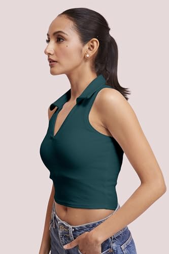 Image of BERRY BIRD Stylish Sleeveless V-Neck Slim Fit Collar Ribbed Knit Tank Crop Tops for Women & Girls Beach and Gym Wear and Western Trendy Fashion