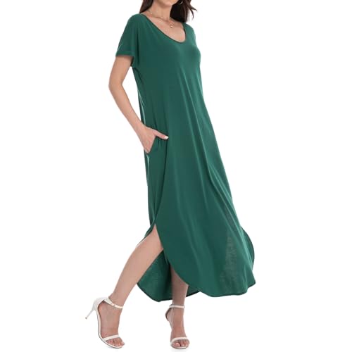 Image of Matchstick Women's Flowy Maxi Dress V-Neck Relaxed Loose Fit Short Sleeve Casual Sundress with Pockets Side Split Beach Dress