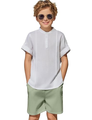Image of Arshiner Boy's 2 Pieces Linen Sets Short Sleeve Henley Shirt and Shorts Summer Beach Matching Outfits 4-12 Years