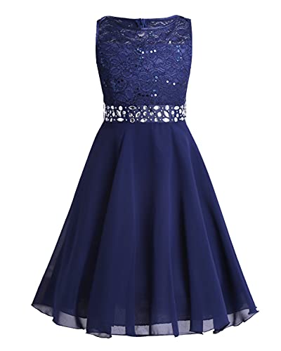 Image of CHICTRY Kids Girls Sparkle Belt Sequin Lace Flower Girl Bridesmaid Wedding Party Dresses Navy Blue 5-6 Years