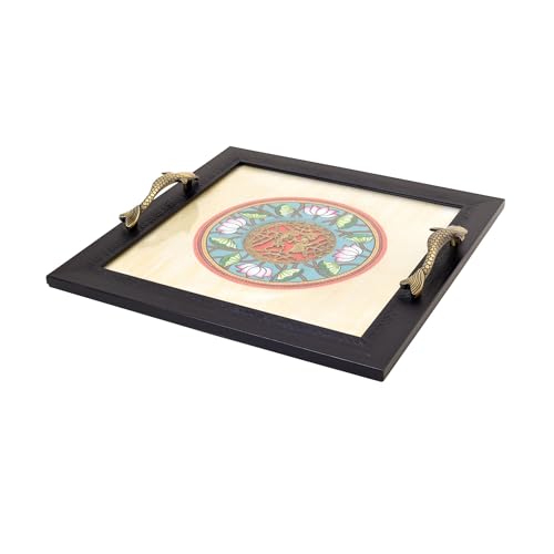 Image of Aakriti Art Creations Fusion Serenity Madhubani-Dhokra Tray, Serving Platter Beige | Matte Finish, Handcrafted Metal & Wood Tray with Handles | Tray for Kitchen Decor & House Warming Gifts