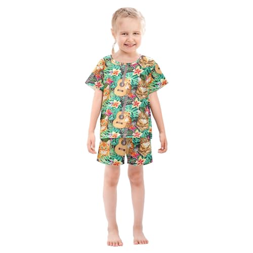 ALAZA Colorful Hawaiian Cat Kitten Guitar Pajamas Short Sleeve 2 Piece Sleepwear Top and Bottom Pajama Set Unisex3