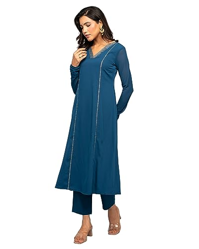 Image of FIORRA Women's Teal Blue Crepe A-line Kurta with Pant and Dupatta