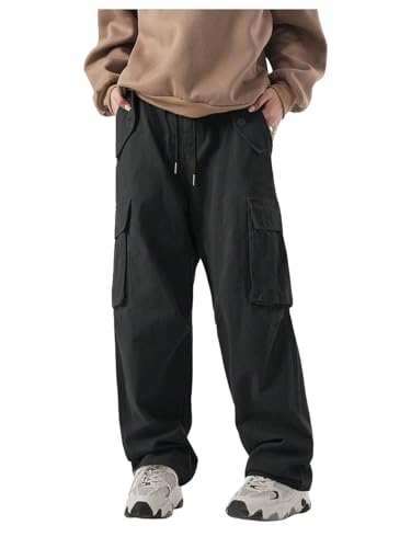 OYOANGLE Men's Cargo Pants Drawstring Waist Flap Pocket Straight Leg Trousers Streetwear