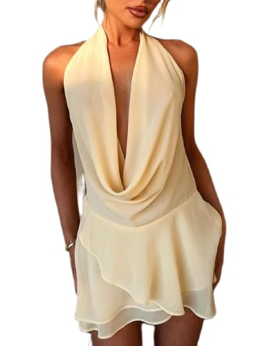 Image of Women Halter V Neck Mini Dress Sexy Sleeveless Backless Slim Fit Party Club Short Dress Y2K Beach Sundress