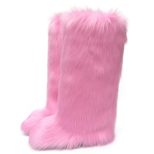 Image of Valpeak Womens Faux Fur Boot Winter Fluffy Long Furry Boots for Girls Outdoor Fuzzy Knee-High Boots(Pink,13)