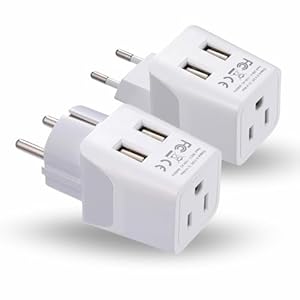 Ceptics Europe Travel Adapter Plug Set Schuko – with 2 USB + USA Socket Input – Type E/F and Type C – Ultra Compact – Safe Grounded Perfect for Cell Phones, Laptops, Camera Chargers (CTU-9-9C-PK)