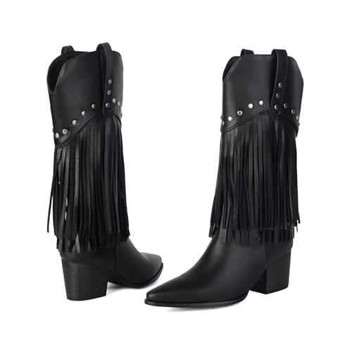 Women Studded Fringe Mid Calf Boots Western Cowboy Cowgirl Tassels Chunky Block Heel Pointed Toe Leather Tall Boots2