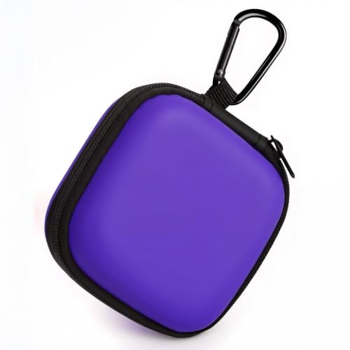 Image of Square Earbud Case with Carabiner, Portable Small Carrying Pouch for Wired /Wireless Earphones, EVA Travel Organizer Box for Charging Cables, USB Flash Drives, SD Cards, Purple