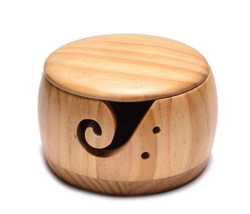 Image of Wooden Yarn Bowl Crochet Knitting Yarn Bowl with Lid Yarn Storage with Holes Handmade Craft with Storagebag for DIY Knitting Crocheting Mothers Day Gift 6 inch x 3.5 inch