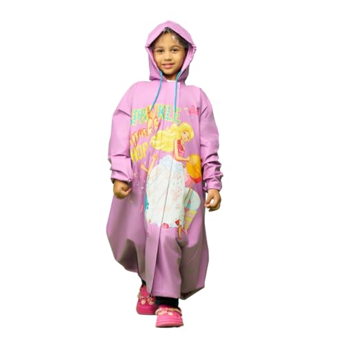 Image of ZEEL Kids Raincoat with Hood | Rain Coat for Girls | Cartoon Printed Rainwear | Barbie Print (EKG501, Purple, 3-4 Years)