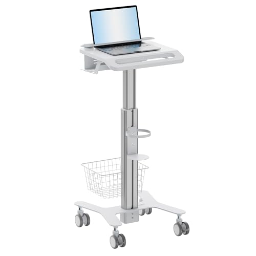 Mount-It! Height Adjustable Medical Laptop Cart, Mobile Rolling Workstation with Secure Laptop Holder, Cable Management, and Storage Hooks – Ergonomic Sit-to-Stand Cart for Clinics and Hospitals