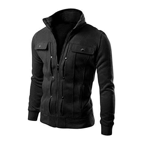 Maiyifu-GJ Men's Slim Fit Full Zip Jackets Retro Fleece Long Sleeve Zipper Sweatshirt Stand Collar Active Winter Warm Jacket (Black,XX-Large)