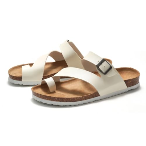 Strappy Jesus Sandals Toe Ring Thongs Men Wide Flip Flops Cork Footbed Water Slides Slip On Beach Flats Lightweight Breathable No Slip Arch Support House Slippers Comfort Wear Shoes Summer Vacation