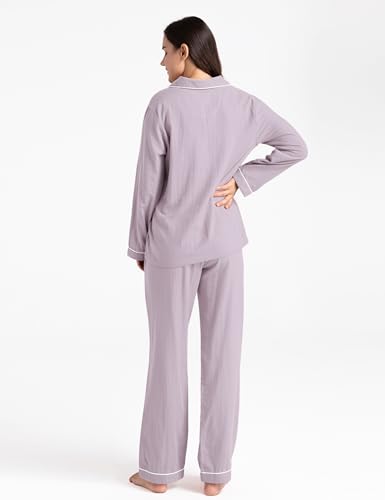 Image of Womens Muslin Pajama Set 100% Cotton Double Gauze Linen Like | Breathable Soft Comfort Button Up Loungewear Sleepwear PJ Set